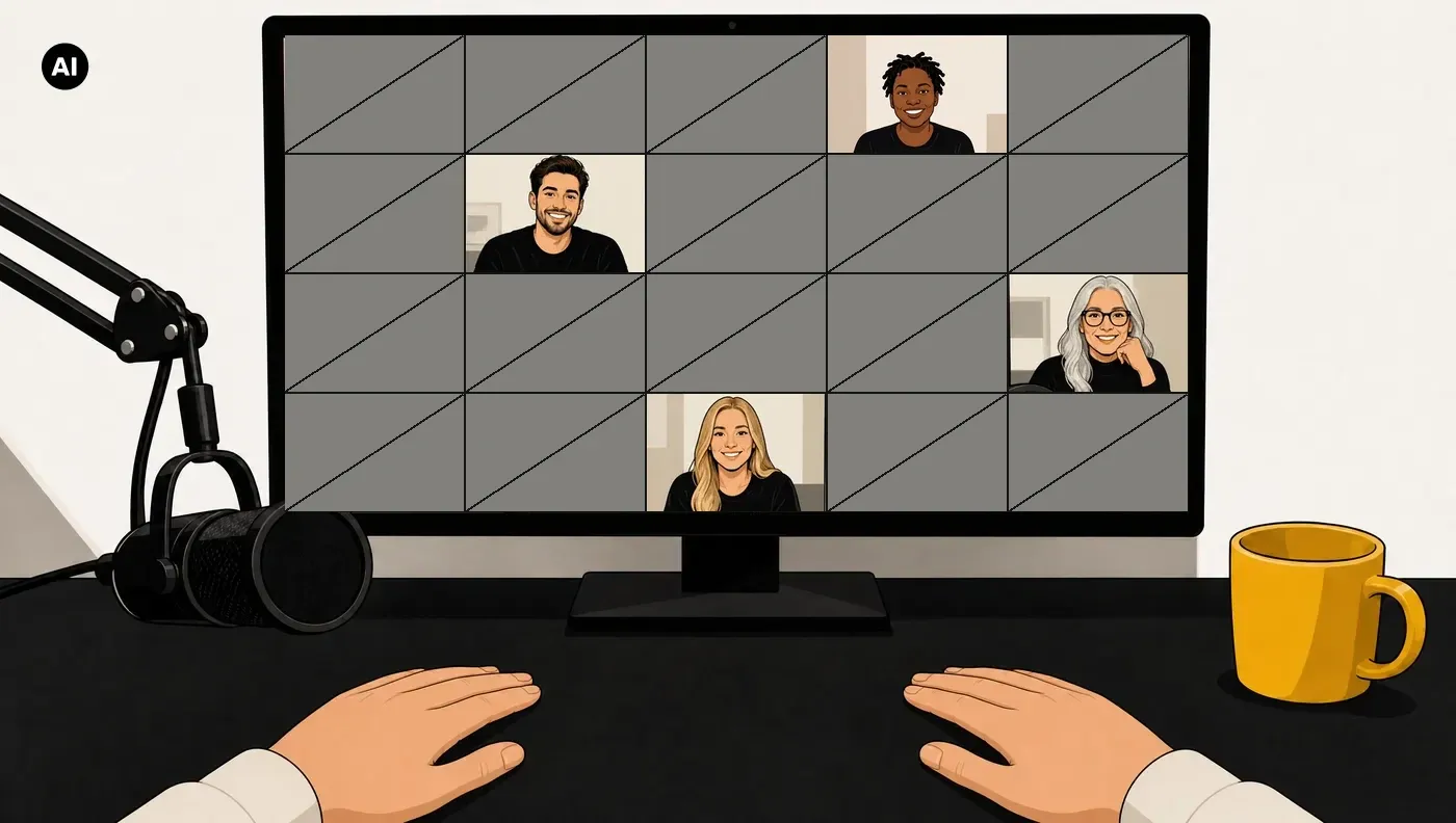 Blick vom Platz des Hosts auf den Bildschirm: von zwanzig Plätzen im Webinar sind nur vier verstreut belegt, die übrigen sind grau durchgestrichen